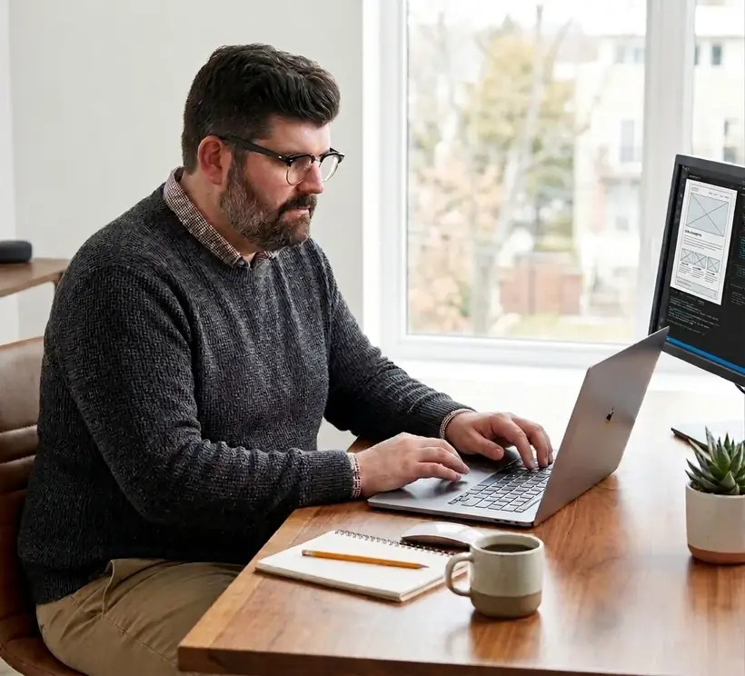 Chris Erbstoesser working on a website design at his desk